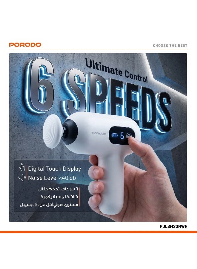 porodo 15W Mini Massage Gun with 4 Head / 4 Hour Working Time / Digital Touch Display / 6 Adjustable Speed / Type-C Charging / Portable & Lightweight - White - Image 5